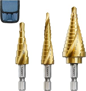 HSS Step Drill Bits 3 Piece Titanium Coated Spiral Grooved Step Drill Bit 1/4" Hex Shank Drill bit for Plastic, Wood, Metal Multi-Hole Taper Drill bit Set for DIY Lovers 31 Step Sizes in One Kit