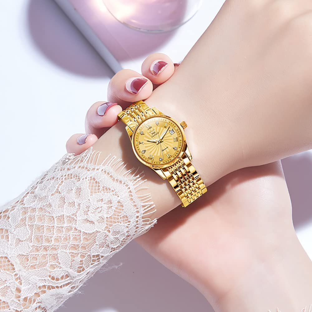 OLEVS Women Automatic Watch Diamond Mechanical Self Winding Fashion Elegant Dress Wrist Watch Gold Luminous Waterproof Stainless Steel Date