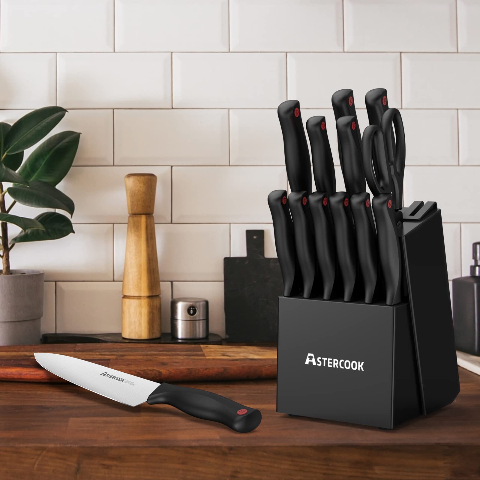 Astercook Knife Set with Builtin Sharpener Block, Dishwasher Safe