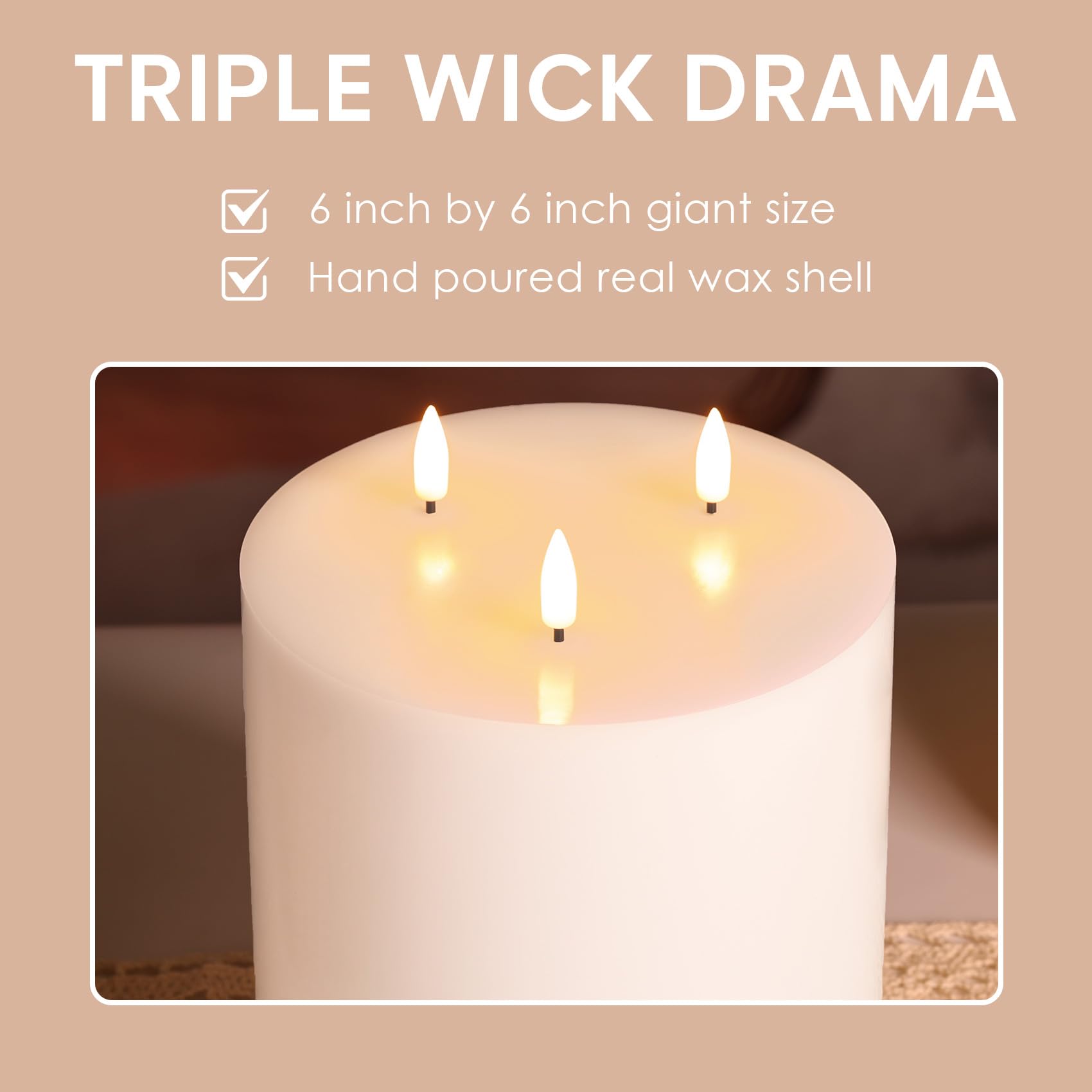 Candela bianca senza fiamma a 3 stoppini con telecomando, 15,2 x 15,2 cm, candela gigante a LED, funzionamento a batteria, in vera cera tremolante