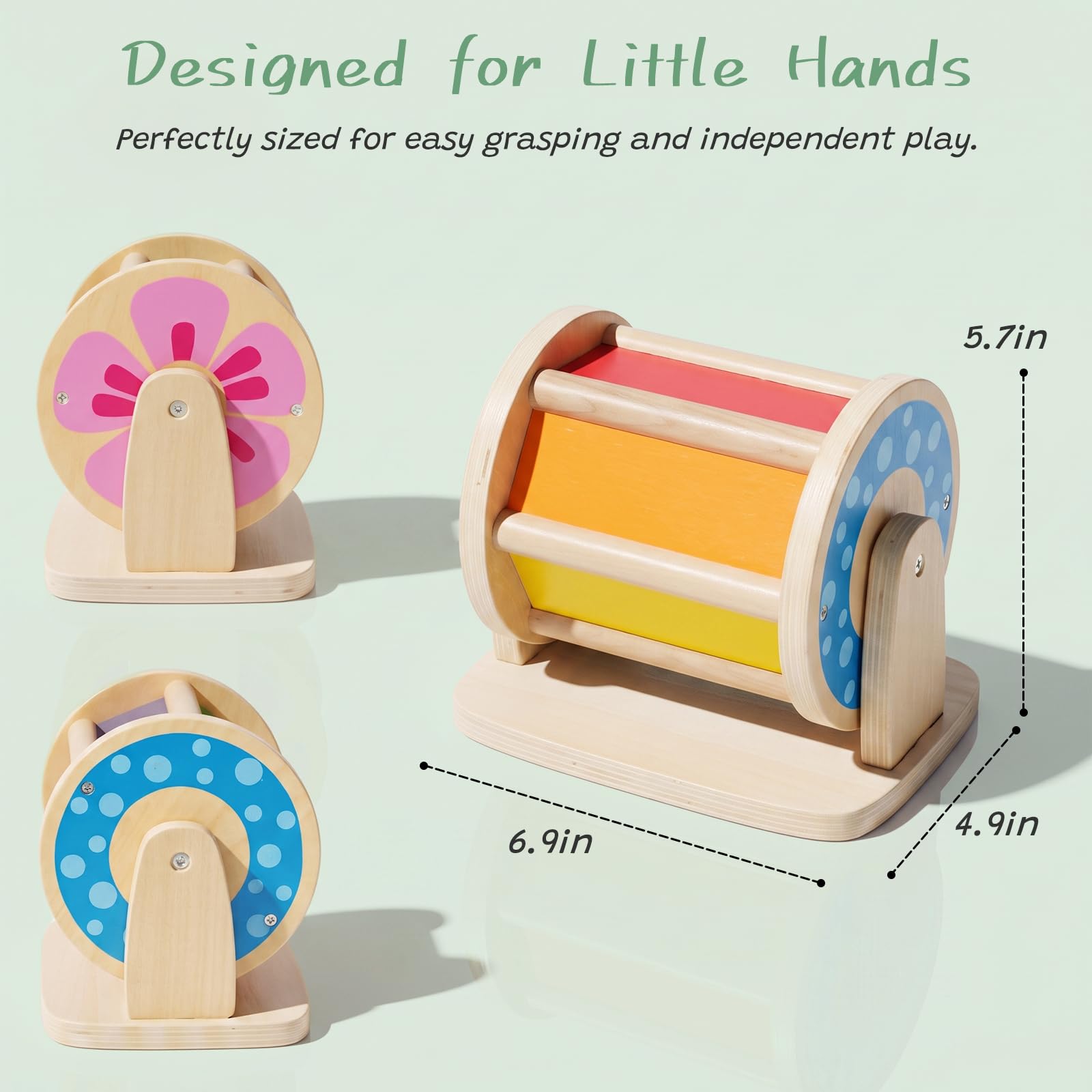 WOODENFUN Tambour Rotatif Arc-en-Ciel Bois Montessori Miroir Musical bébés 6-12 Mois