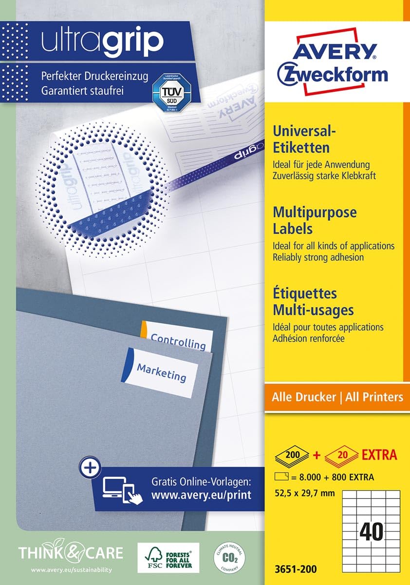 AVERY Zweckform 3651-200 uniwersalnych etykiet (8 000 plus 800 dodatkowych etykiet samoprzylepnych, 52,5 x 29,7 mm na A4, papier matowy, do indywidualnego drukowania, samoprzylepne naklejki z