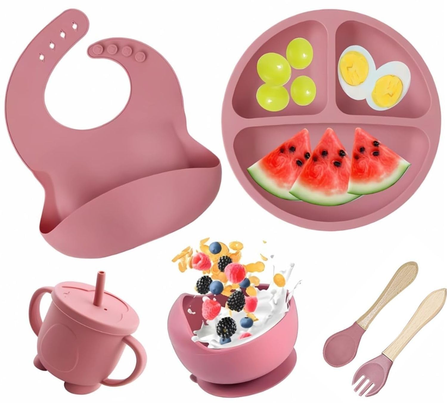 Drake Silicone Baby Feeding Set 6 Pieces — Suction Plate, Bowl, Bib, Spoon, Fork & Training Cup — BPA Free Non Toxic Microwave Dishwasher Safe — Self Feeding Tableware for Toddlers & Infants-image-12