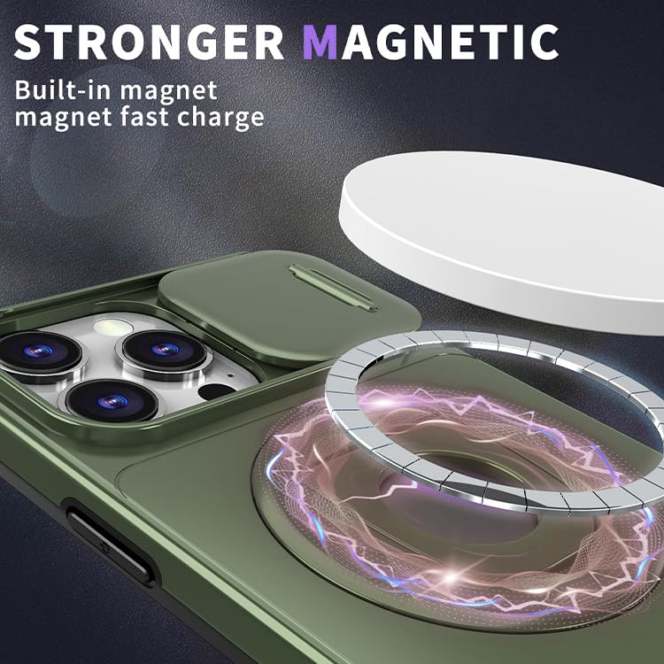 Image of LuxuryKase MagSafe Shockproof Rugged Back Case for iPhone 16 Pro | Finger Ring Kickstand & Sliding Camera Cover | Military Drop Protection | Wireless Charging Support - Green
