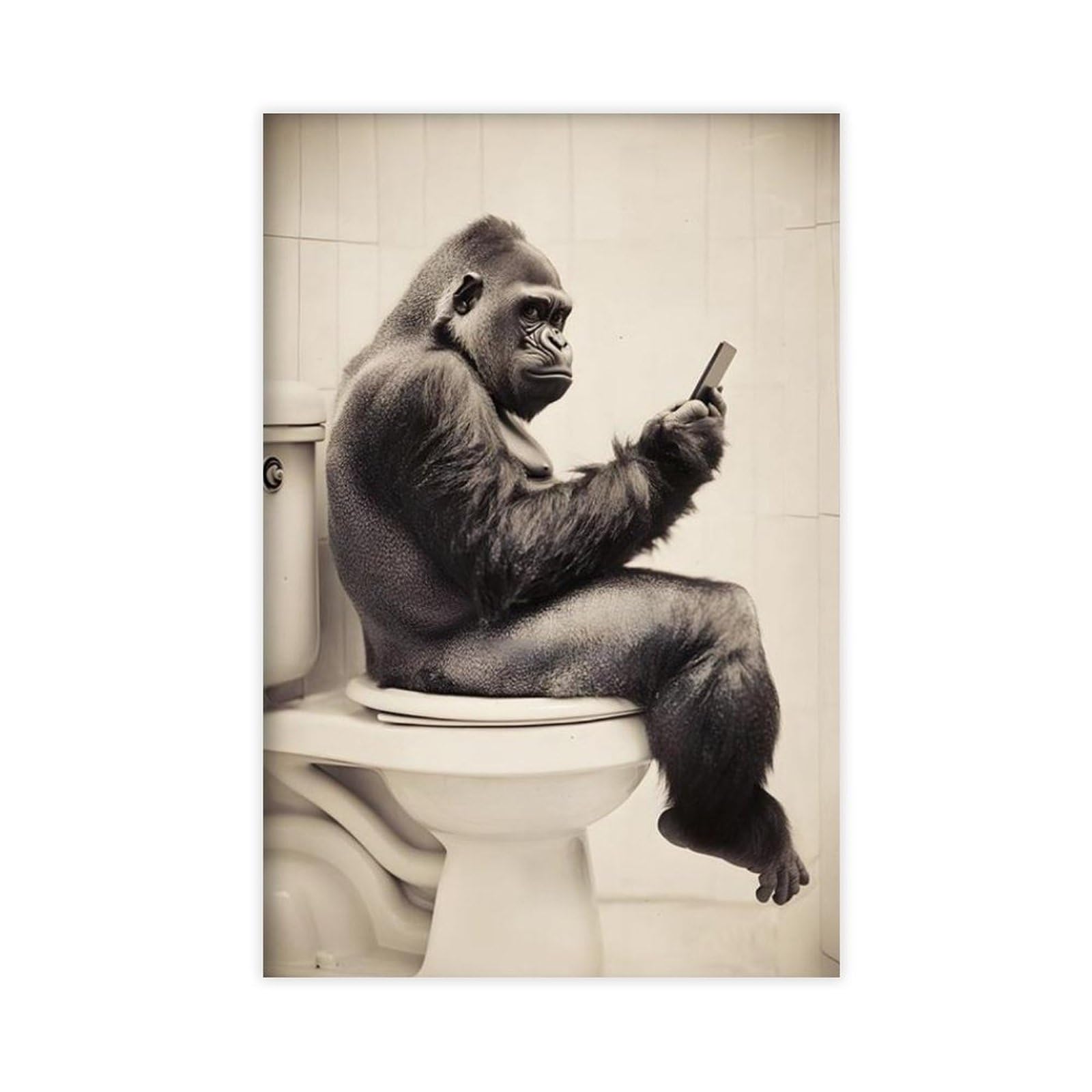 Bncedjk Gorilla Sitting On The Toilet Watching Phone, Canvas Poster Bedroom Decor Landscape Decor Gift 12X18inch(30X45cm)