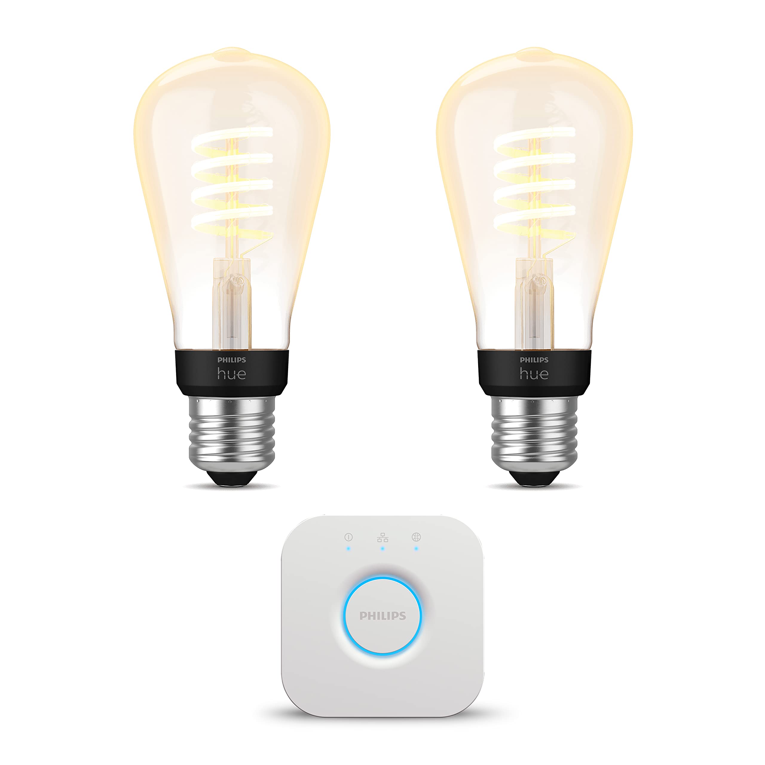 Philips Hue Starterpaket - E27 - mit 2 Filament Edison Glühbirnen Klein (ST64) - Warm bis Kaltweißes Licht - inkl. 1 Hue Bridge - Hue White Ambiance Filament