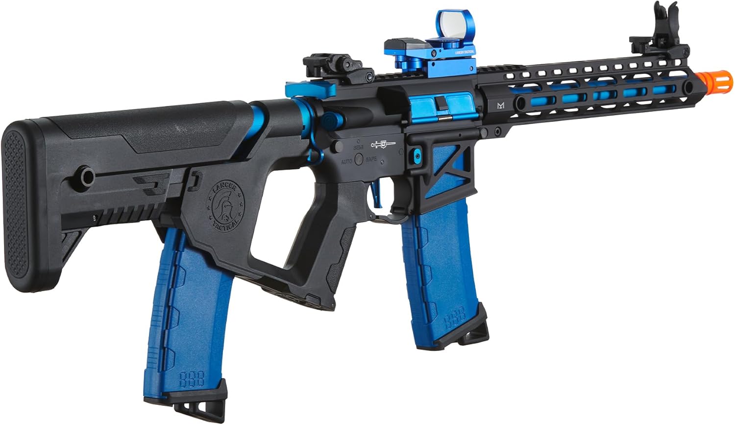 Lancer Tactical Proline Enforcer Bluebird Skeleton Steel Airsoft AEG Adjustable Stock w/Fast Trigger & Mosfet (Red Dot & Two Magazines Included)