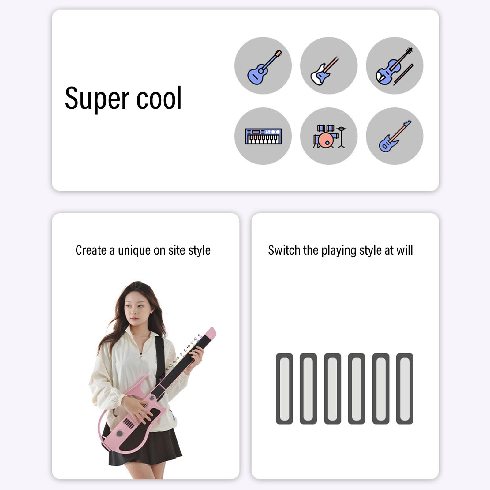 Luocute Chitarra Intelligente Senza Corde, Chitarra da Viaggio Pieghevole con App Fogli di Accordi Interattivi e Drum Machine Integrato per Principianti Adulti Adolescenti Rosa