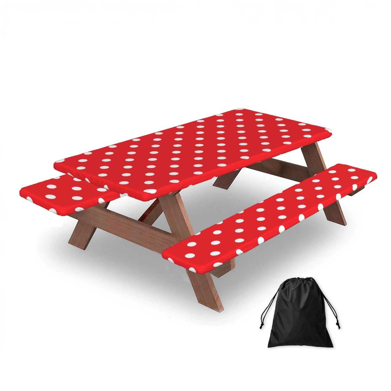Dopklna As Picture Red And White Polka Dot, Picnic Table Cover With Bench Covers -Waterproof Elastic Fitted Tablecloth For Garden Camping Patio 76X152cm
