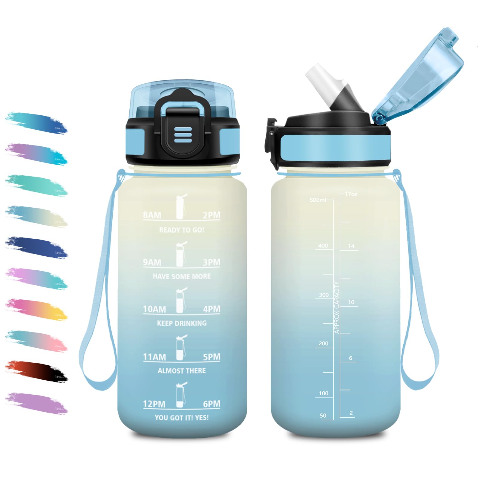Drinkfles voor meisjes, 500 ml, lekvrij, motiverende waterfles met rietje, sportwaterfles met tijdweergave, drinkfles voor kinderen, camping, school, kantoor, werk