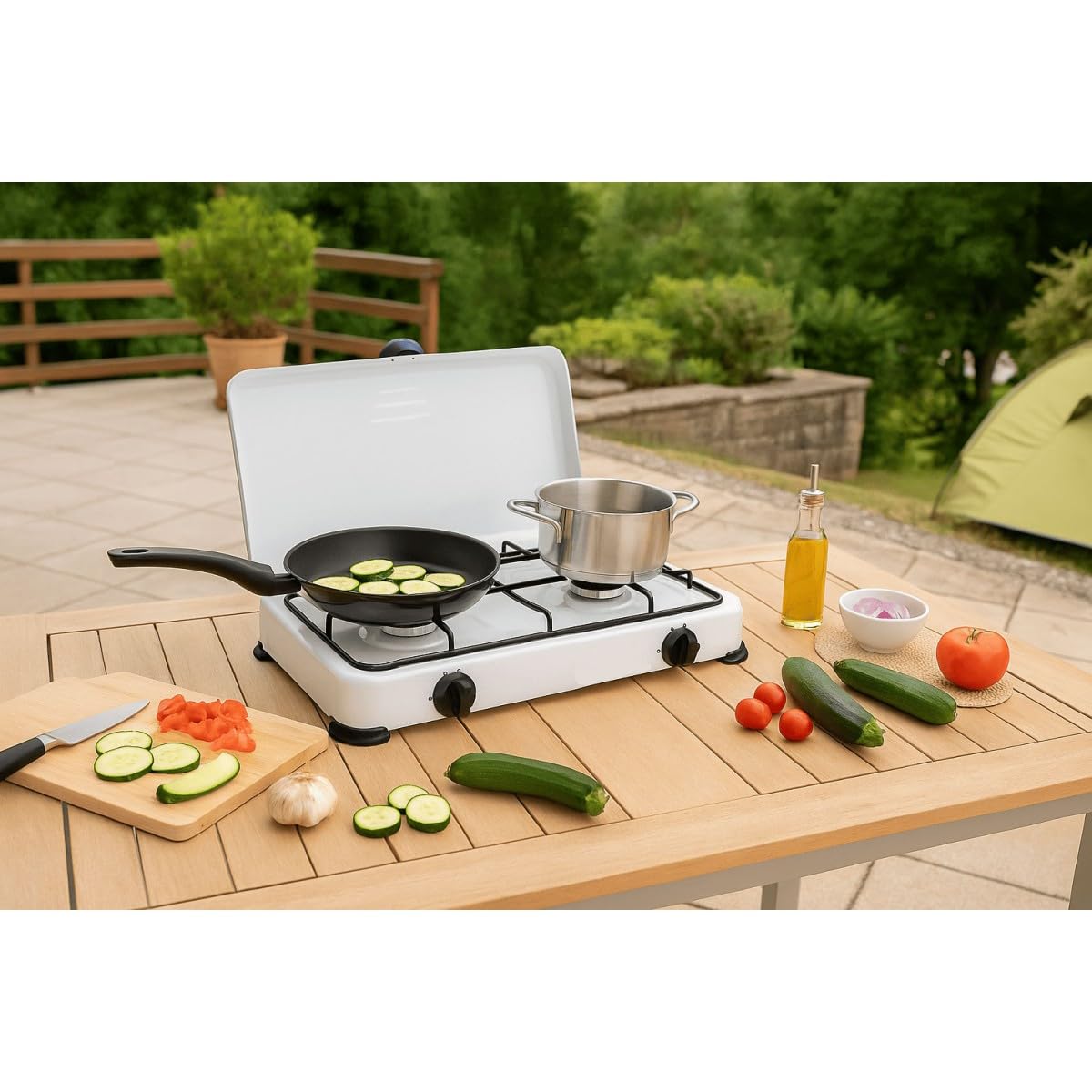 INTEC - Réchaud à Gaz 2 Feux 3200W, Brûleurs en Fonte Amovibles. Plaque de Cuisson Mobile avec Couvercle de Protection. Compatible Gaz Butane/Propane pour Camping et Jardin.