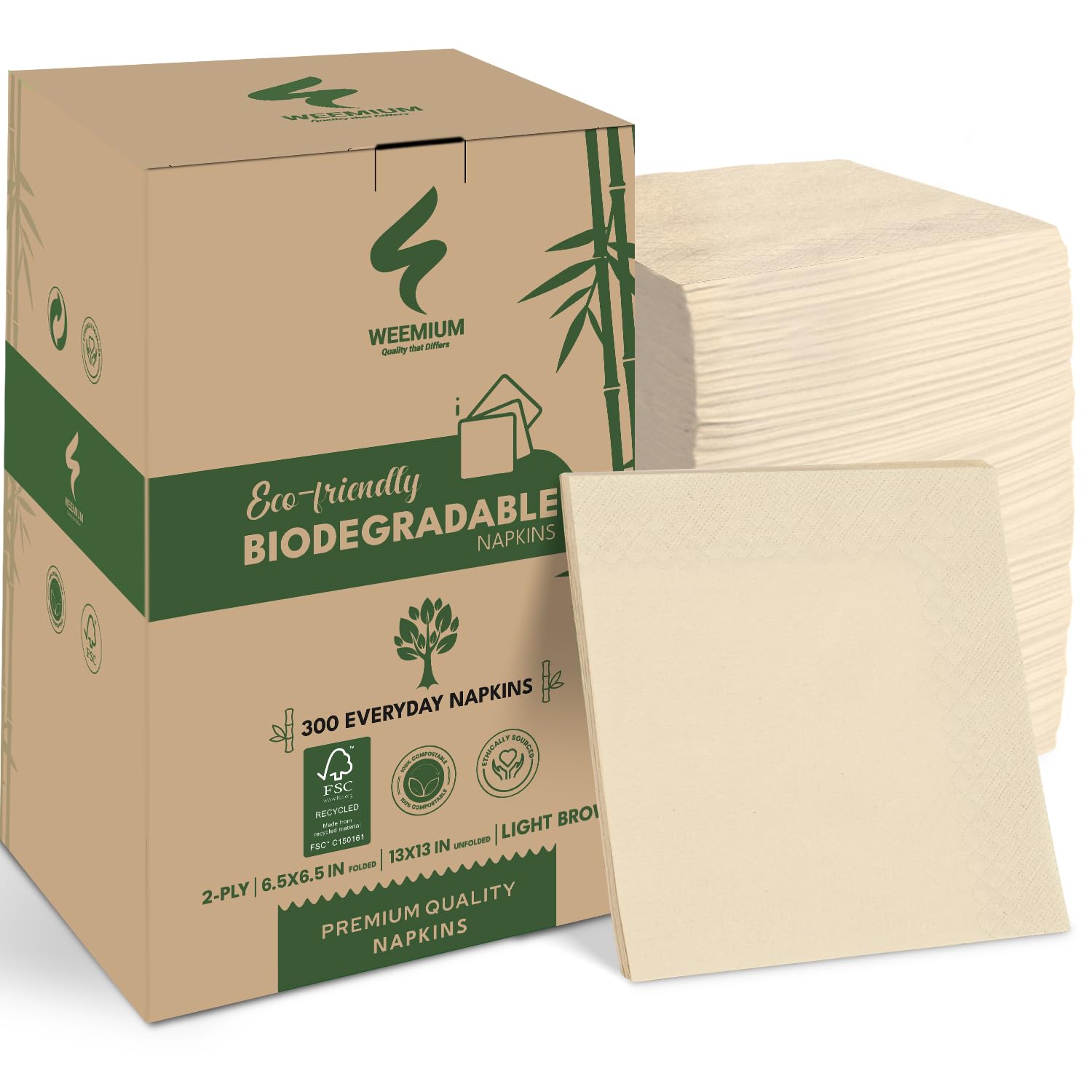 Weemium Compostable Napkins Disposable - FSC Certified - 300 Pack, 2-Ply - 6.5 x 6.5 Inch Folded - Post-Consumer Recycled Material - Biodegradable &