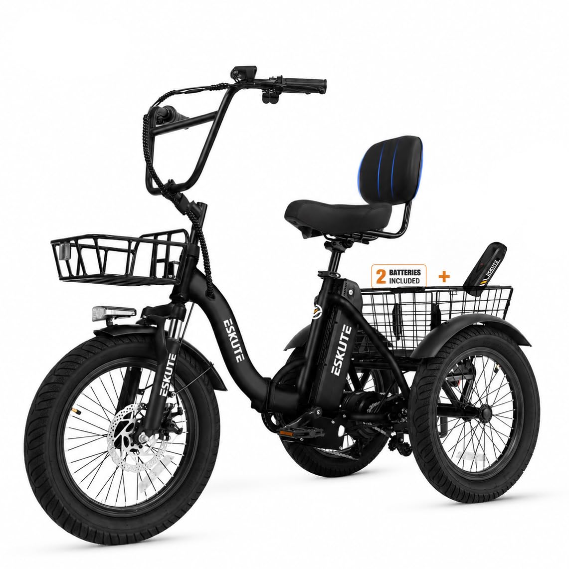 ESKUTE E Trike Electric Bike, Peak 1200W Brushless Motor Folding Trike 18X3.0 Fat Tire Ebike, 624Wh Removable Battery, Step-Thru 3 Wheel Electric Bicycle, Up to 65 Miles, 18MPH+ Tricycle for Adults