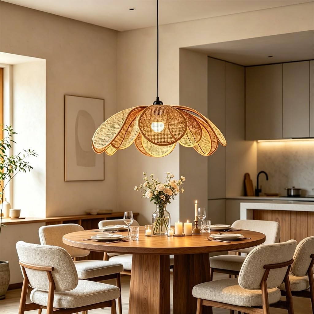 Blumenförmige Rattan Pendelleuchte Handgewebte Hängeleuchte E27 Natürliche Deckenlampe Für Wohnzimmer Schlafzimmer Esszimmer Flur Küche Moderne Rustikale Verstellbarer Höhe(50CM)
