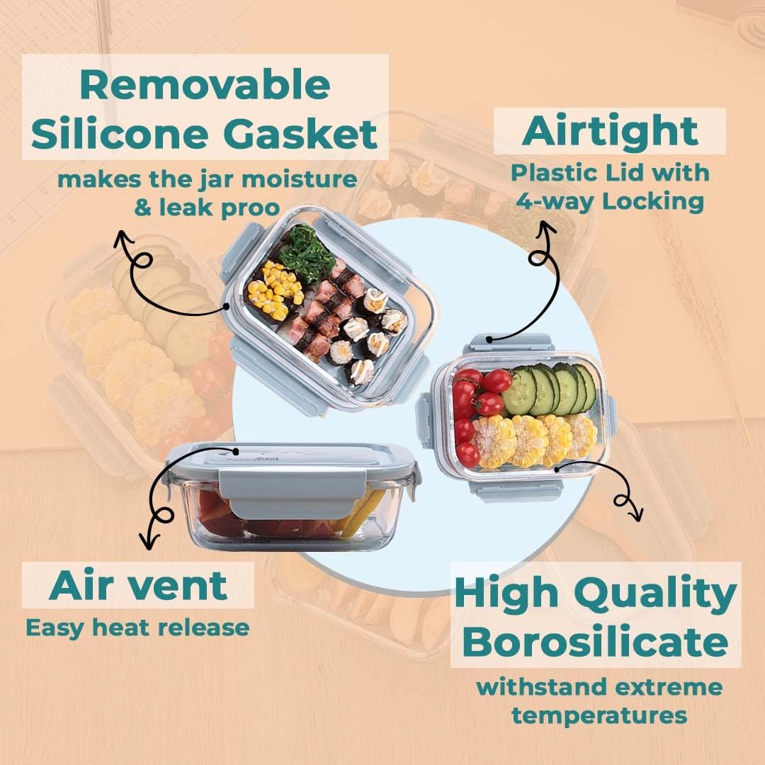FINSTER Glass Premium Lunch Food Storage Containers with Air Vent Lid, 1000ml, Set of 2, Transparent, Healthy Office 2 Compartment Meal Box for Man & Women, Microwave, Oven, Dishwasher & Freezer Safe - Image 8 thumbnail