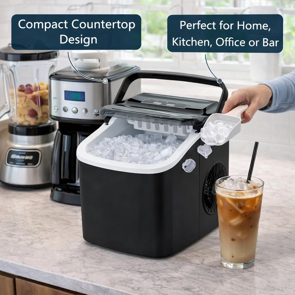 Macchina per il ghiaccio | Macchina per il ghiaccio da banco con manico portatile | 9 cubetti pronti in 6 minuti | 12 kg in 24 ore | autopulente | paletta e cestino | per casa/cucina/ufficio/bar (nero