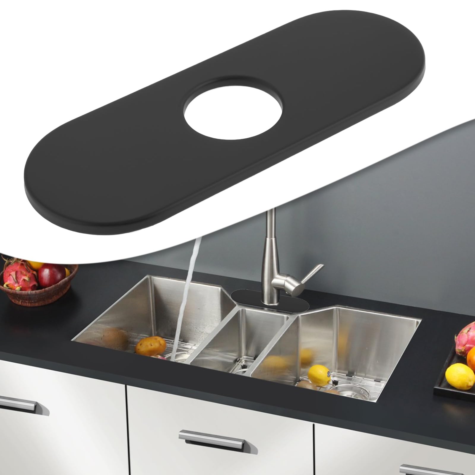 Briny River 2Pcs Kitchen Sink Faucet Hole Cover 304 Stainless Steel Sink Decorative Cover Tap Deck for 1 or 3 Hole Kitchen 160x35x6mm Black - Image 2