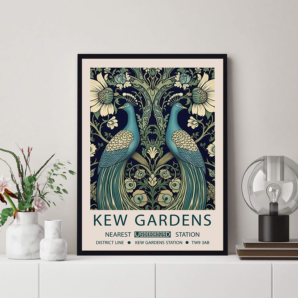 William Morris - Póster de flores y pájaros y pavo real, impresión en lienzo, arte floral para pared, impresiones botánicas, decoración del hogar (SKU4,30.5 x 45.7 cm, marco de fotos negro)