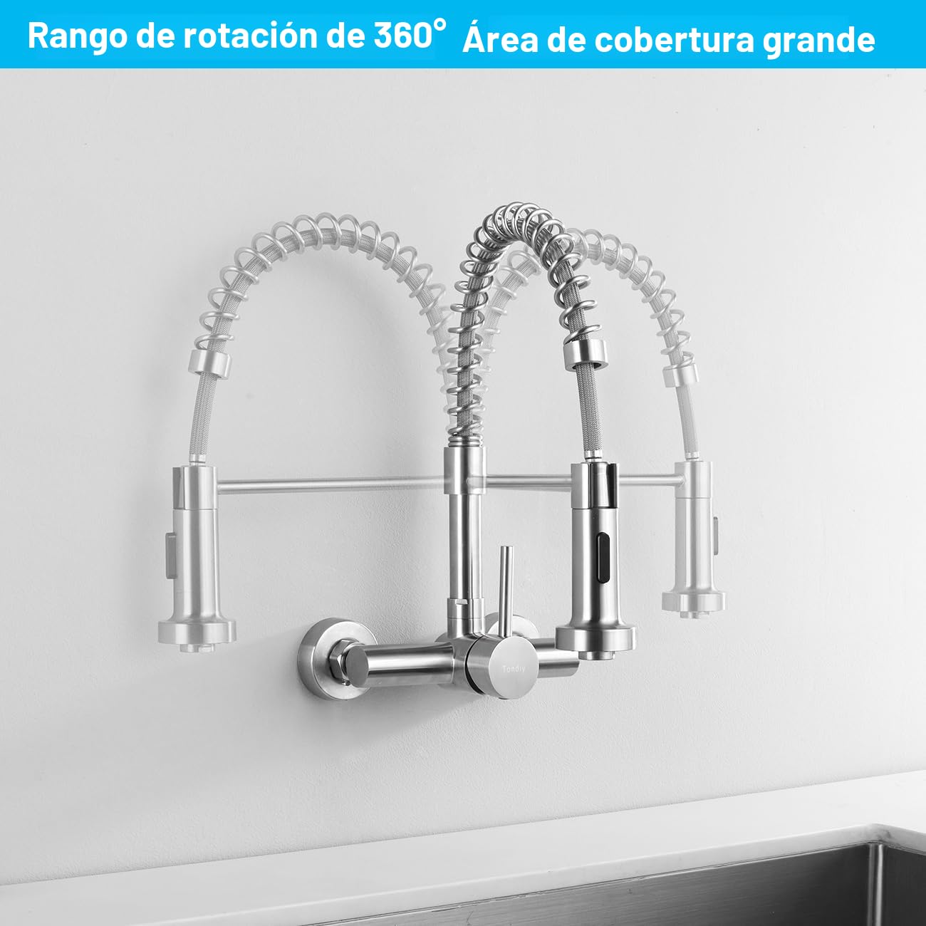 Grifo Cocina de Pared Flexible 15cm con Ducha de 2 Modo, Grifería de Fregadero Mural Giratorio a 360​°, Mezclador Resorte de Acero Inoxidable 304, Aireador Extraíble, Alta Presión