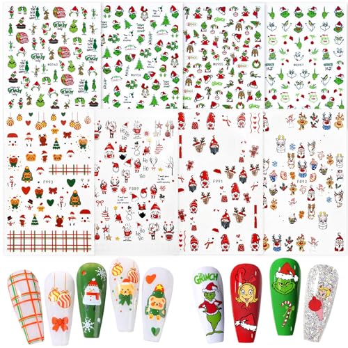 FUKPO 8 Hojas Pegatinas Uñas Navidad, Pegatinas Uñas Navideñas Niña, Pegatina Navidad Decoración Grinch Papá Noel Copo de Nieve Muñeco de Nieve Reno