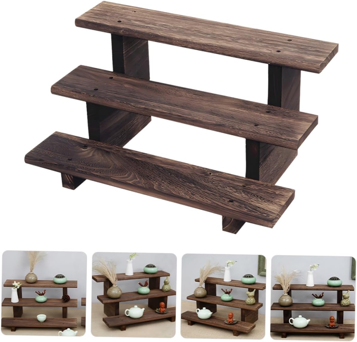 Wooden Display Stand for Succulent Plants Rustic Art Shelf Vintage Wooden Countertop Organizer for Figures and Collectibles Compact Design for Home and Office Decor