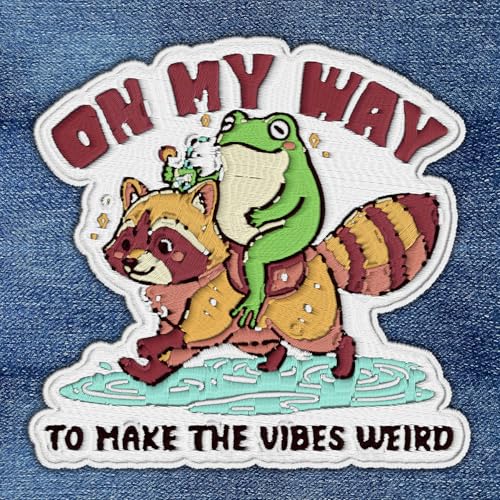 On My Way to Make The Vibes Weird Patch Transparent Frog Riding Raccoon Mental Health Embroidered Patches for Backpack, Hat, Jackets, Iron On Patch, Sew On Patches, DIY Custom PVC Gifts for Men Kids
