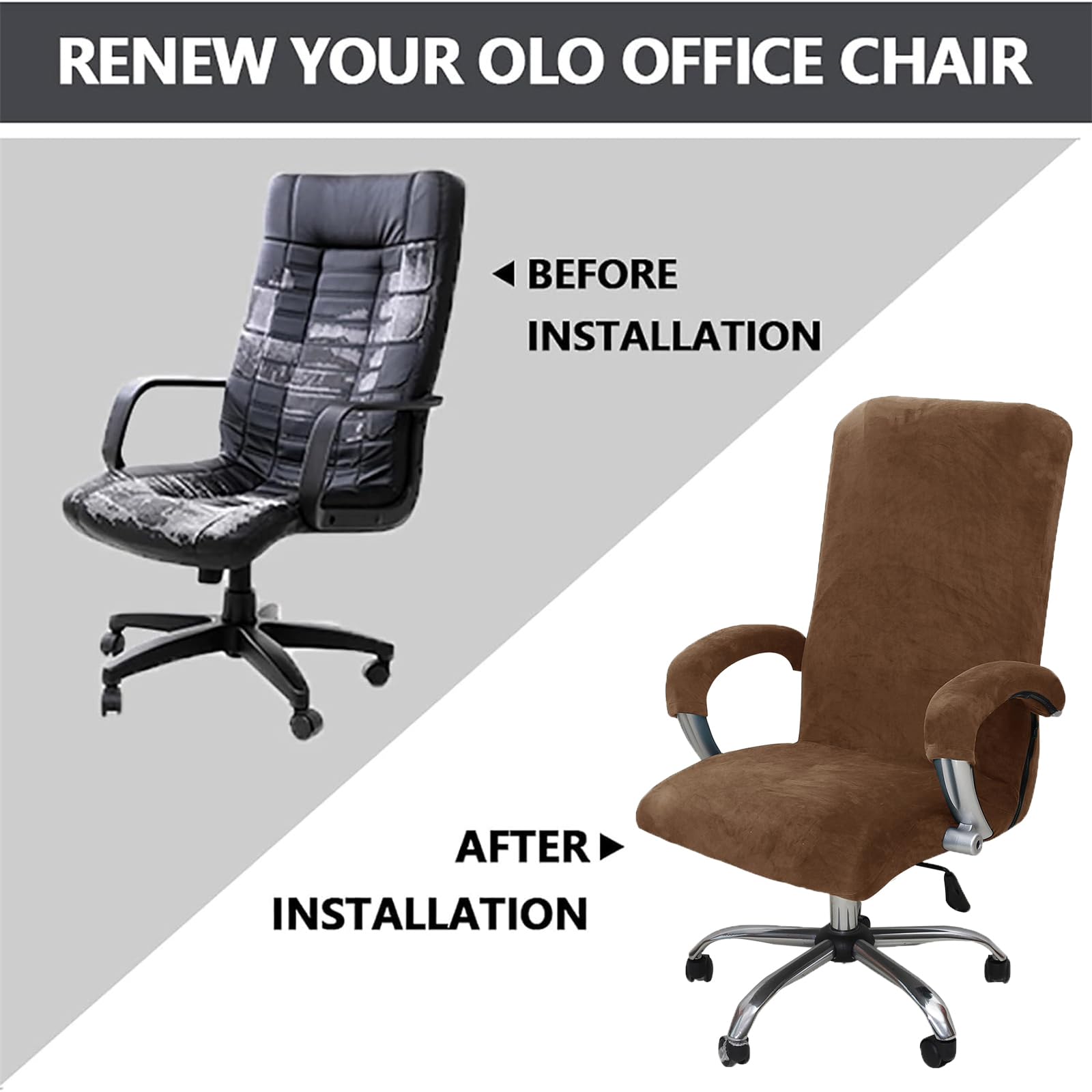 Housse de Chaise de Bureau avec Accoudoir Peluche Velours Couleur Unie,Housse pour Chaise Tissu élastique Amovible et Résistante pour Fauteuil de Bureau Rotatif Chaise,Marron,XL