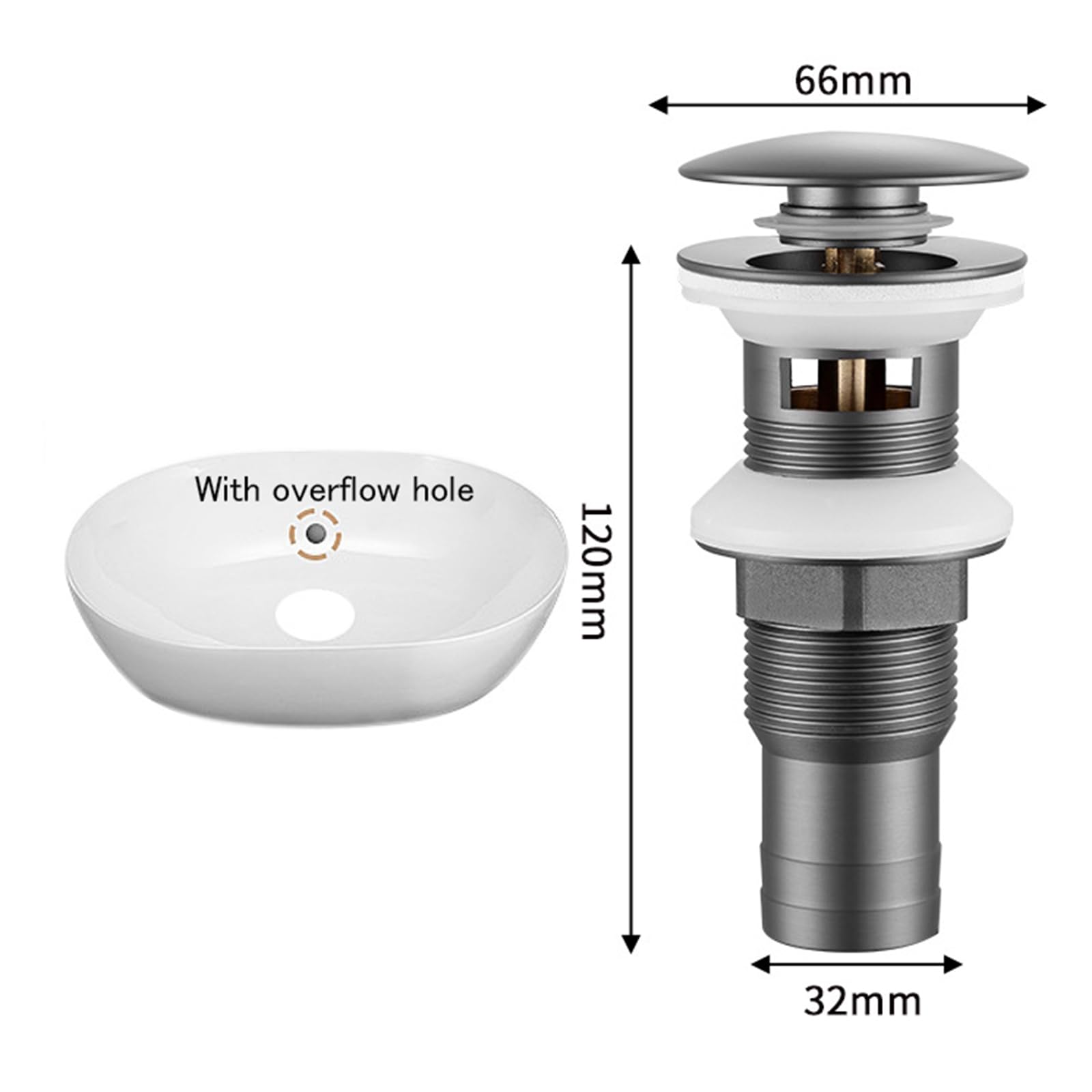 Bonde Lavabo avec Trop Plein Gris Pistolet, Bonde Lavabo Salle de Bain, Bonde Clic Clac, Bonde Lavabo Automatique,Gris Pistolet