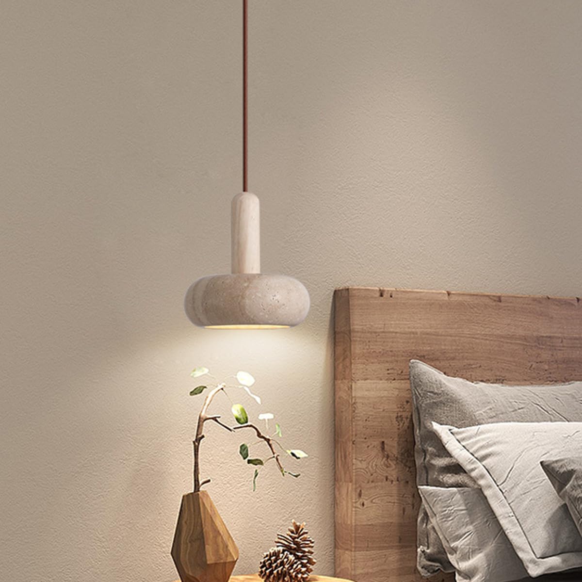 HYJAUSXB Pendant Lamps Japanese Wabi-Sabi Travertine Natural Stone Shade Log Decorative Bedside Mini Chandelier LED Light Fixtures for Over Table Living Room Bedroom