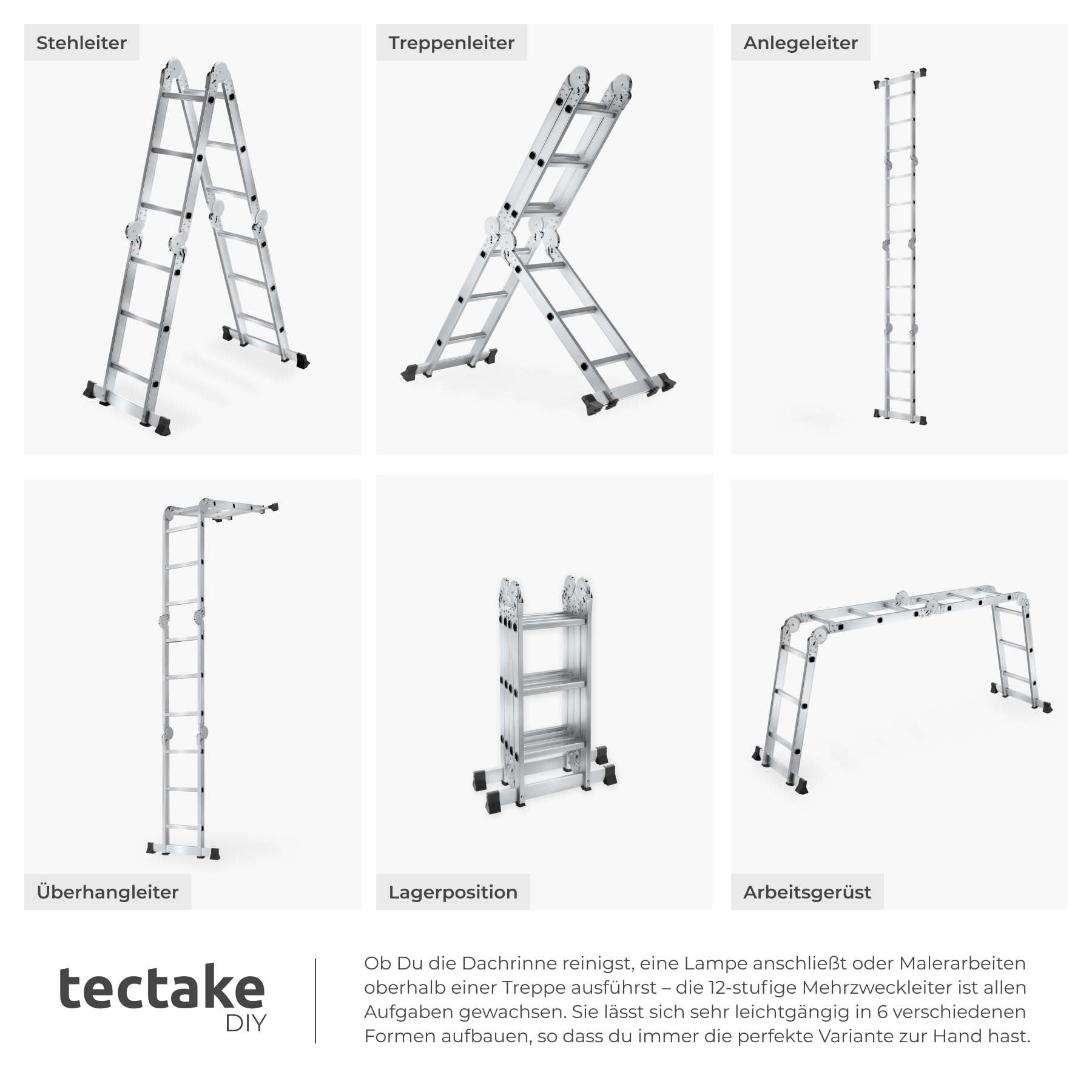 tectake® Aluminium Mehrzweckleiter 6in1, 4 x 3 Sprossen, 352 cm, Belastbarkeit 150 kg, geriffelte Trittfläche, klappbar, rutschfest, abgerundete Kanten, Multifunktionsleiter, Haushaltsleiter - Silber
