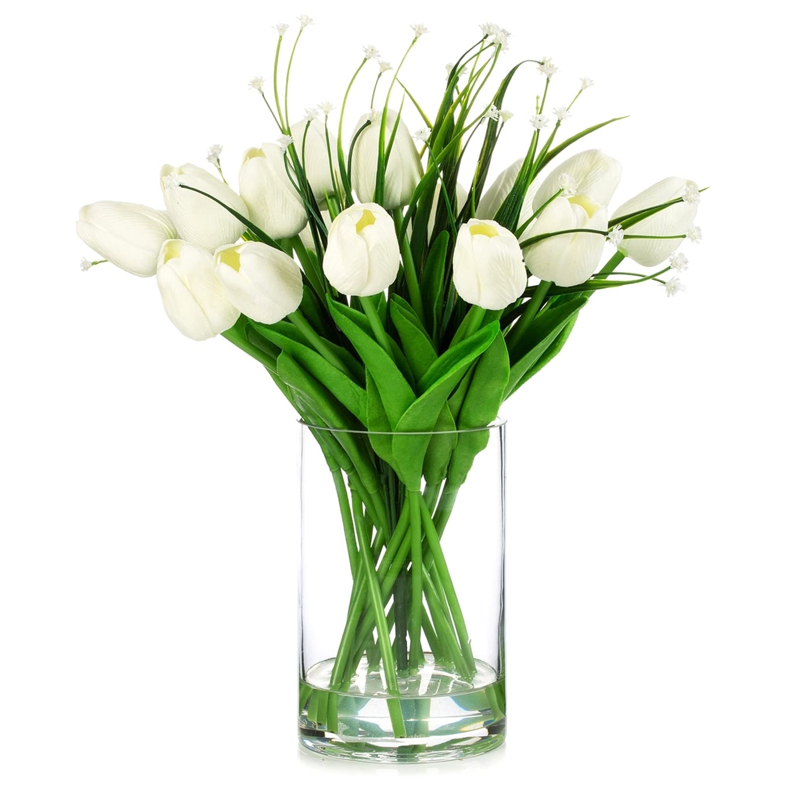 Enova Floral - Composizione Di 18 Tulipani Artificiali In Vaso Di Vetro Con Acqua Sintetica, Bianco, Centrotavola