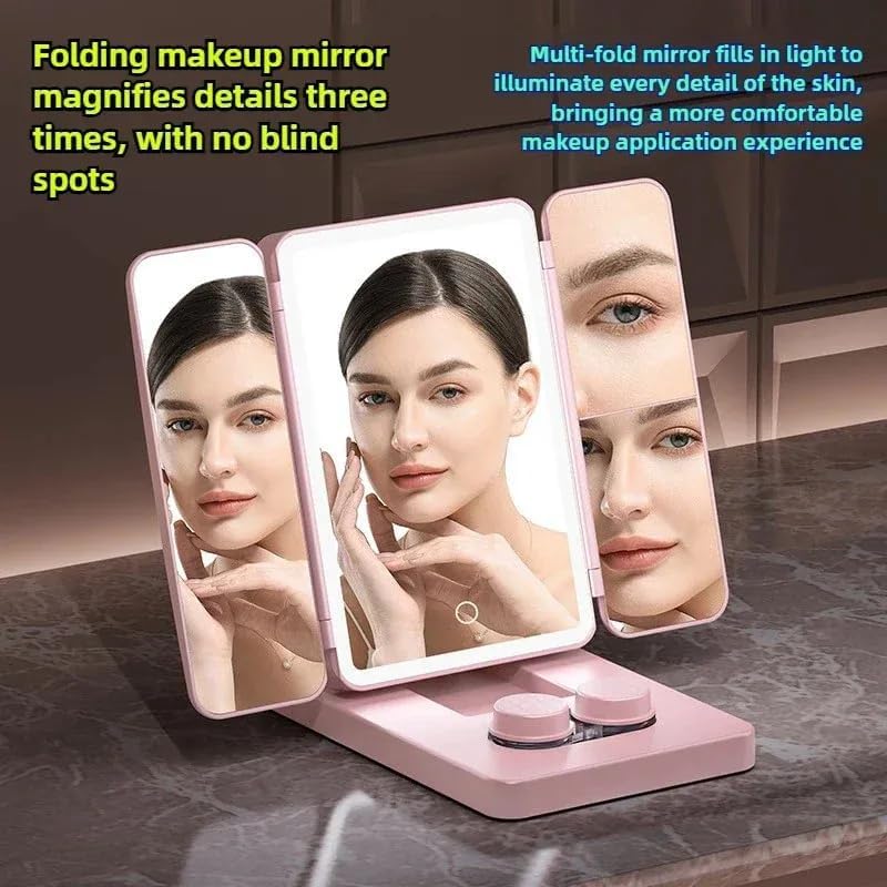 CHIDDHAN Tri-Fold Tricolor LED Vanity Mirror with Adjustable Warm/White/Neutral Light, Magnifying Sides & Portable Foldable Stand for Professional Makeup (White, Pink) 3