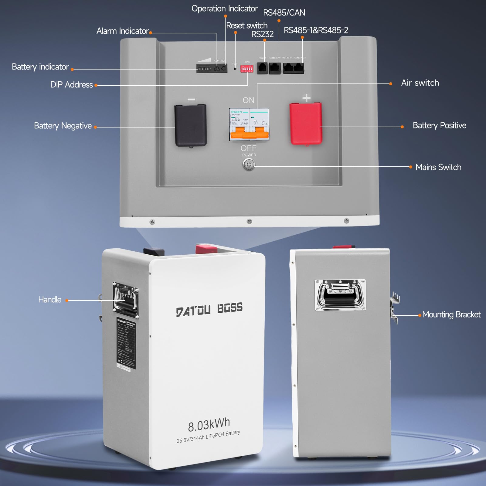 DATOUBOSS Batteria LiFePO4 24V 314Ah,integrata 200A BMS 8000+ cicli MAX 8,03KWh supporta il collegamento in parallelo, elevata capacità della batteria e ampia gamma di applicazioni | 8,03 kWh, 8000+ cicli, batteria al litio da 24 V, supporta il circuito p
