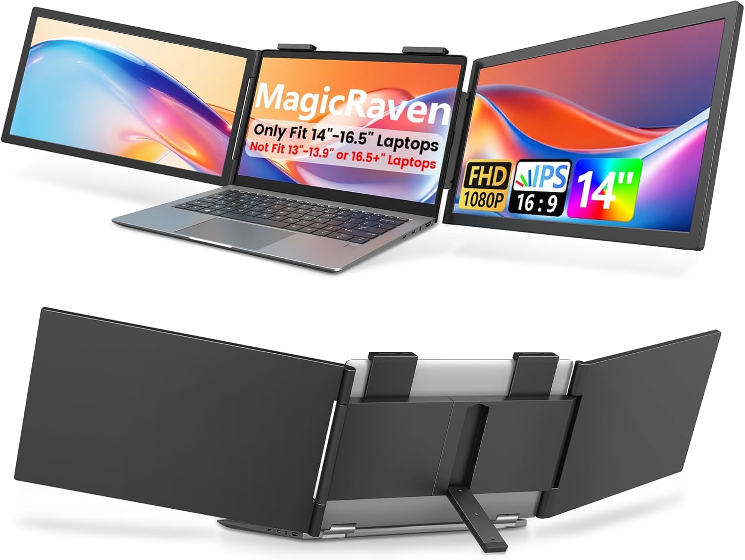 MAGICRAVEN Laptop Screen Extender - 14 Inch Triple Portable Monitor IPS FHD 1080P 3-Type-C External Screen with Windows Mac Laptop Monitor Extender for Laptops Compatible, Fits 14"-16.5" Laptops