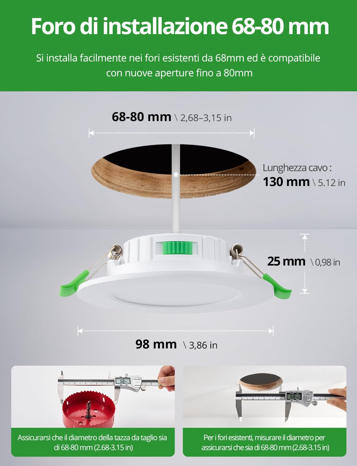 HOMEOW Faretti Led da Incasso per Cartongesso 5W, Diametro Foro 68-80mm, 25mm Ultrasottili, IP44 Faretti Led Soffitto, Regolabile Calda 2700K, Neutro 4000K e Freddo 6000K, Non Dimmerabili, Set di 20