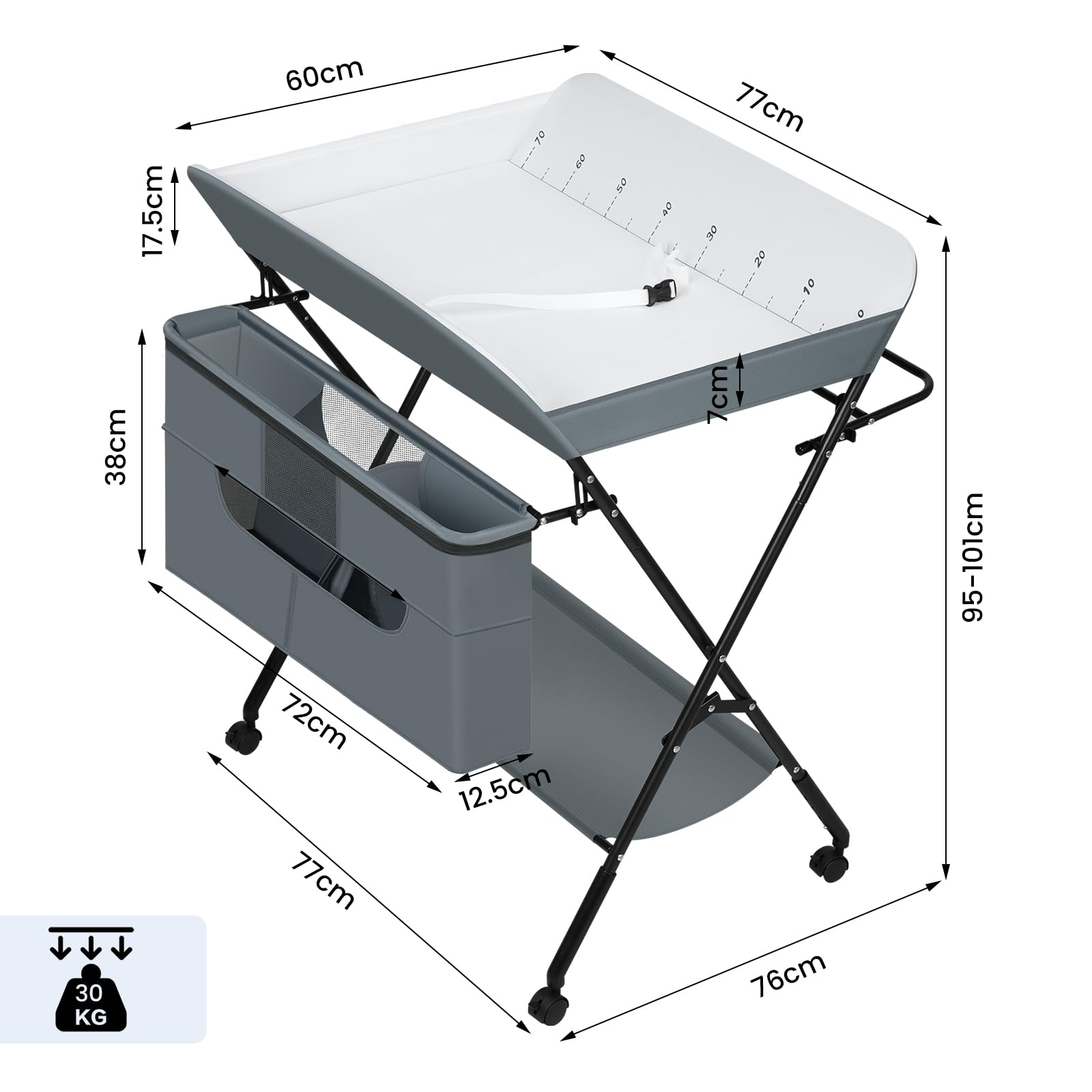 WOLTU Cambiador Bebé Plegable con Ruedas y Freno, Cambiador con Gran Espacio de Almacenaje, Tela Oxford Impermeable y Fácil de Limpiar, Color Gris