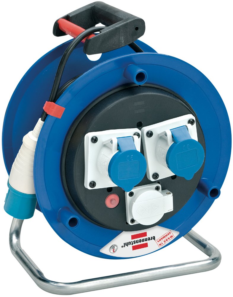 Brennenstuhl 1332786 Enrollador de cable de 25 m (Cable obra) asa ergonómica, enchufe CEE 3 polos 230 V/16 A, 1 enchufe Schuko y 2 enchufes CEE 3 polos 230 V/16 A con autocierre, Serie Garant ST CEE 2 – IP 44