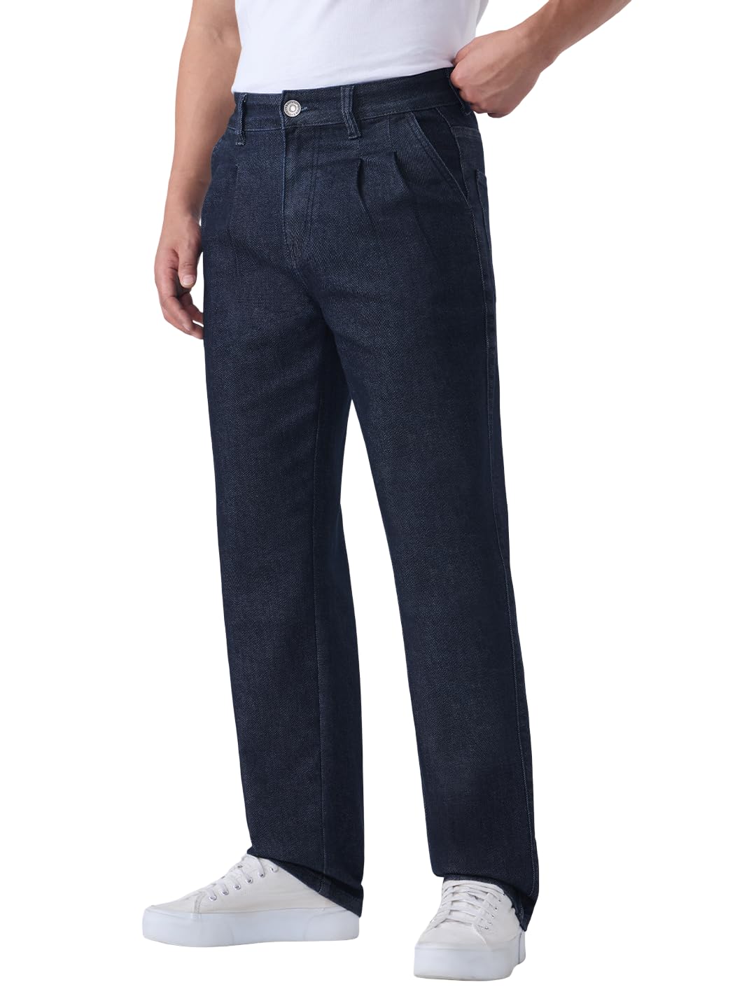 The Souled Store Pleated Denim: Charcoal Men and Boys Zip Fly Washed Cotton Spandex Lightweight Stretchable Everyday Pleat...