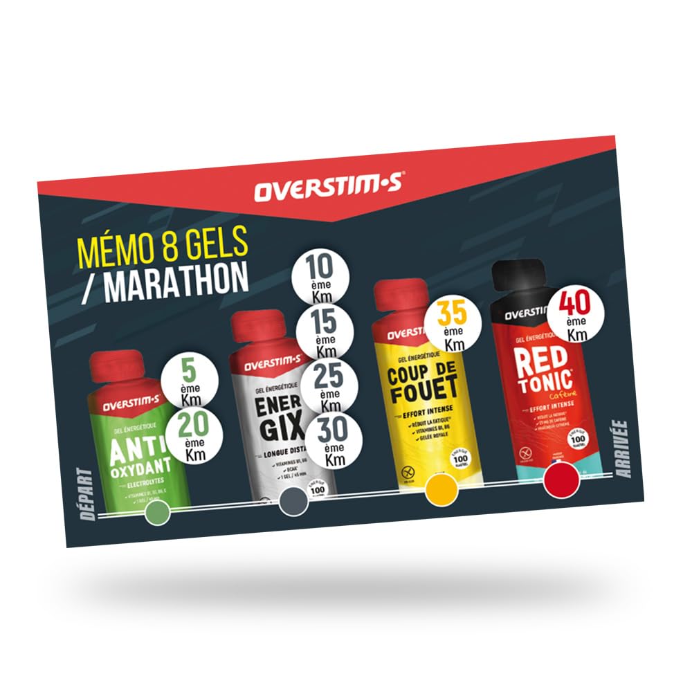 Overstim.s - Pack Nutrition Marathon avec Ceinture Running - Recharge énergétique J-3 à J-1 - Petit déjeuner avant effort JOUR J - Boisson Attente DEPART - 8 gels + 1 Ceinture Running