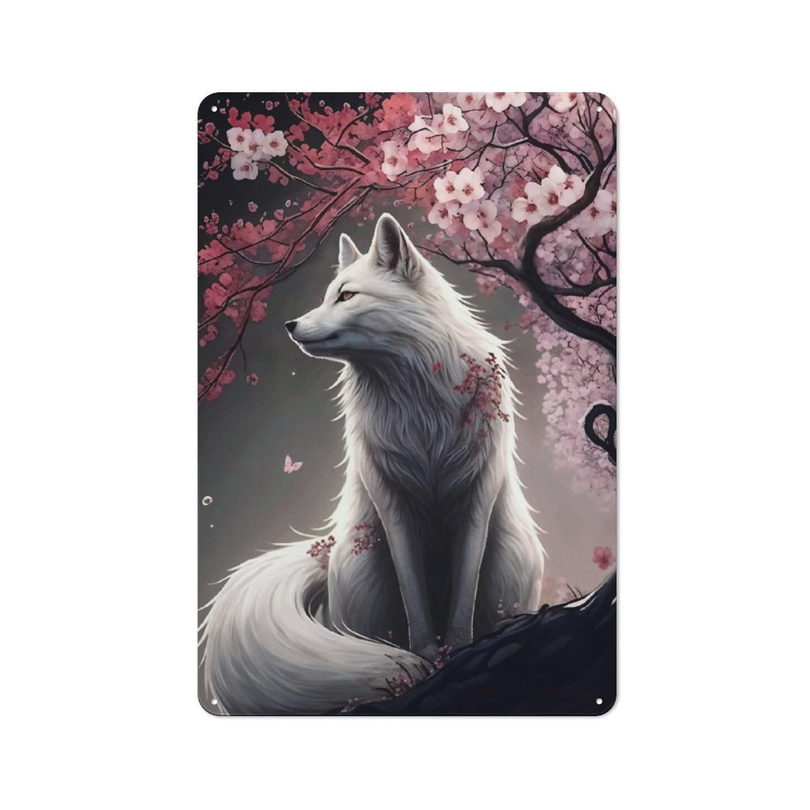 Junmoney Wolf Cherry Blossom Animal Vintage Metal Sign 30X20cm For Hobby Room Or Studio, Housewarming Present For People Styling Hobby Room And Studio