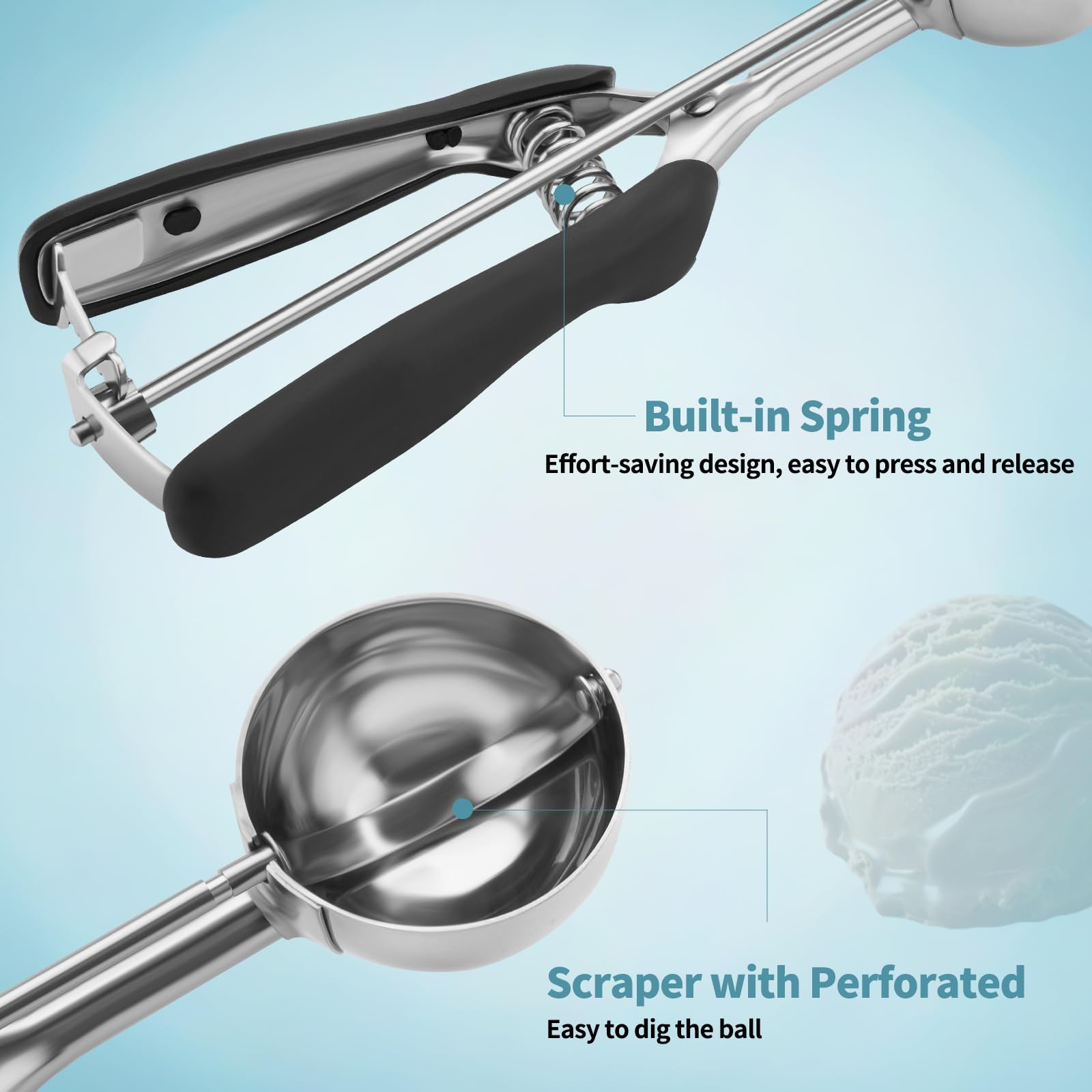 Set 3 Pezzi Porzionatore Gelato e Impasto, Cucchiaio Dosatore Biscotti Acciaio Inox 18/8