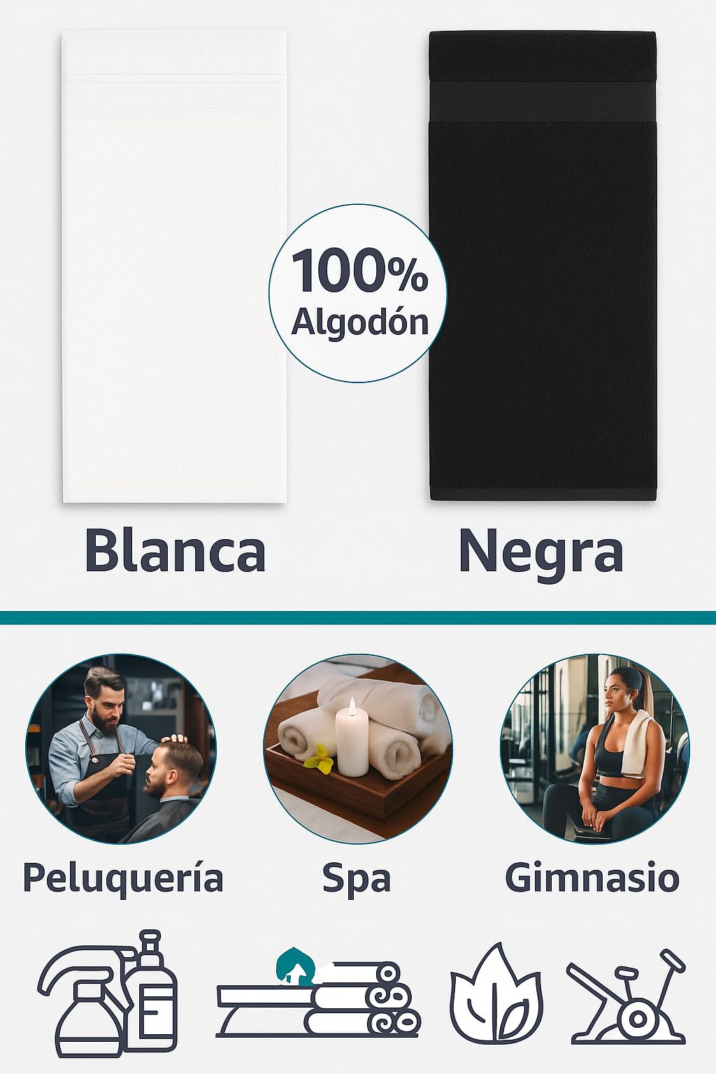 Toallas Peluquería Negras 50x90 cm – Pack de 4 – 100% Algodón 400 gsm – Alta Absorción – Uso Profesional Barbería y Salón de Belleza