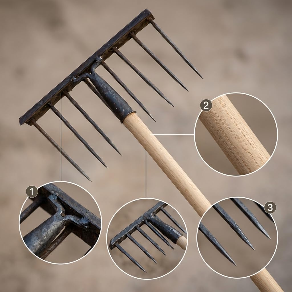 Rastrello da Giardino per Terreno, Testa a denti piatti, Rastrello da giardino, Preparazione aiuole, Per appassionati , Manico in legno da 1,2 metri