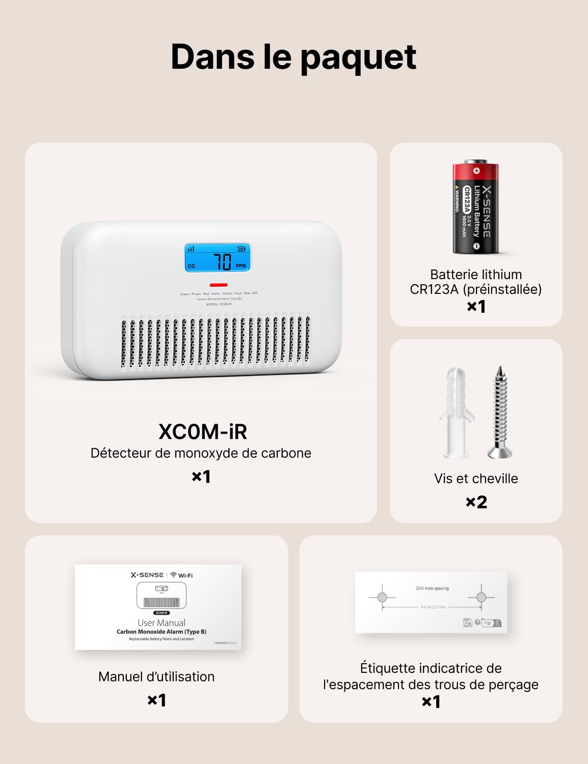 X-Sense Détecteur de Monoxyde de Carbone Connecté avec Alertes Vocales Français, Détecteur de CO avec Moniteur de Température et d'Humidité, Batterie Remplaçable, Niveau de Pic CO Historique, XC0M-iR