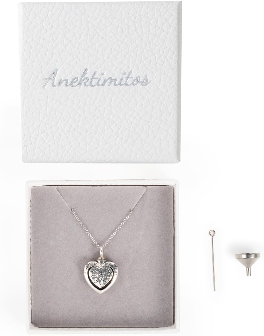 925 Sterling Silver Heart Pet Urn Necklace for Ashes - Dog/Cat Memorial, Paw Print & Tree of Life, Always in My Heart Engraved 18"