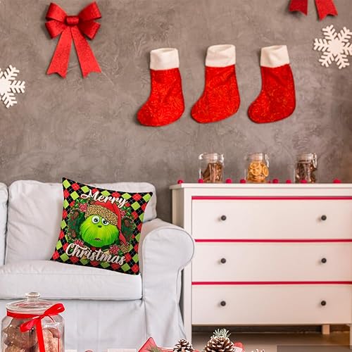 Miniatura 7 de Funda de almohada a cuadros de búfalo verde, negro y rojo con diseño de Grin-chmas, para sala de estar, dormitorio, funda de cojín Grin-ch para