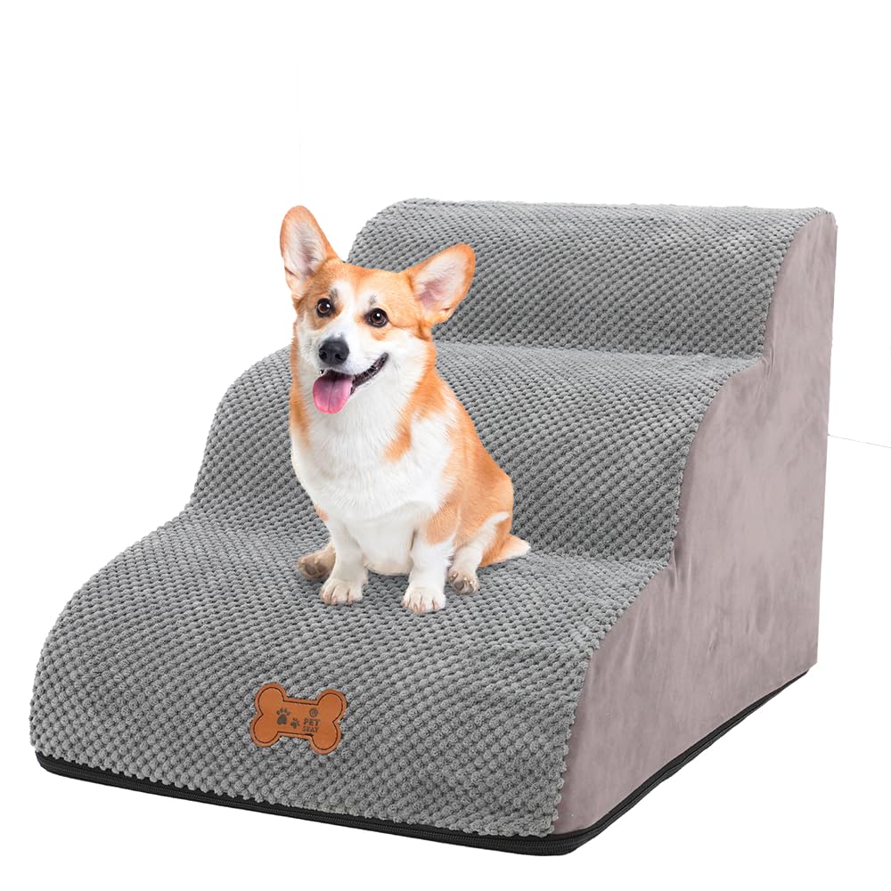 Escalera Perros Pequeños 3 Peldaños, Rampa para Mascotas de Espuma de Alta Densidad, Escalera Antideslizante para Ccachorros, Escalera para Perros para Subir a la Cama Extraíble y Lavable, 57x40x40cm