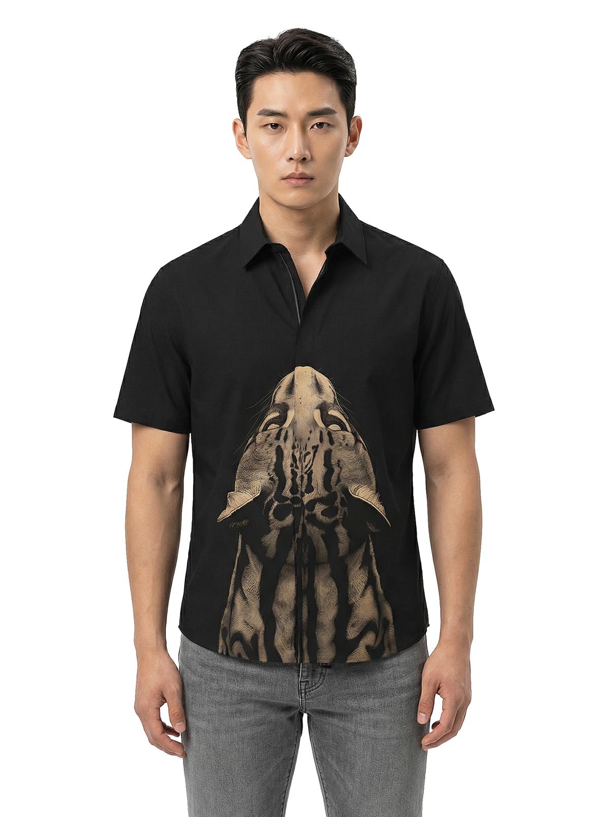 bullmer Trendy Regular Fit Cotton Blend Printed Casual Half Sleeve Zipper Shirt for Men | Stylish Men’s Casual Shirts | Shirts for Men-picture-48