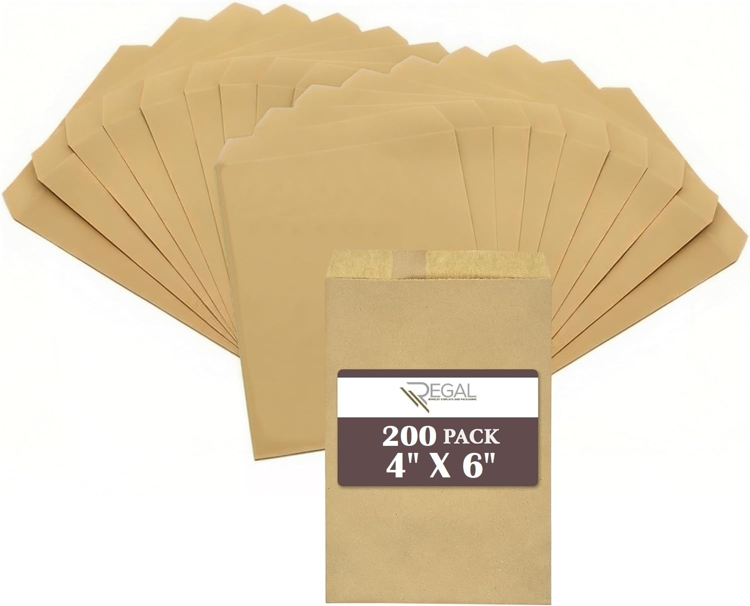 RJ Displays-200 Pack Kraft Brown Paper bags Merchandise Shopping Sales for Magazine, Good for Candy, Party Favor Bag T-Shirt (Brown, 4" x 6")- Premium
