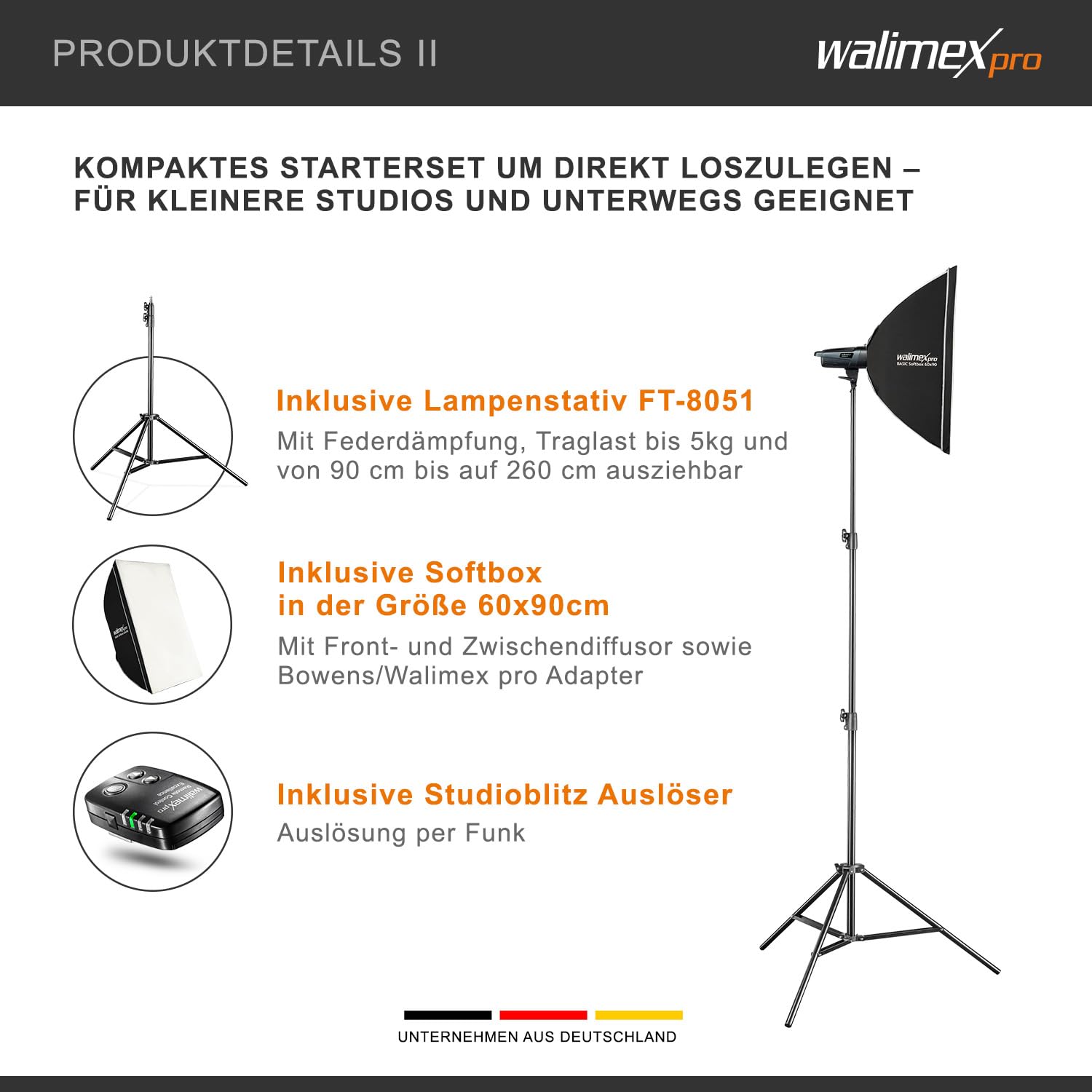 Walimex pro Emerger 400 Set Double - luz de Estudio de 400 WS con Receptor de 2,4 GHz, Corto Tiempo de Recarga, luz LED de Modelado, 16 Canales y 4 Grupos, compacta y portátil
